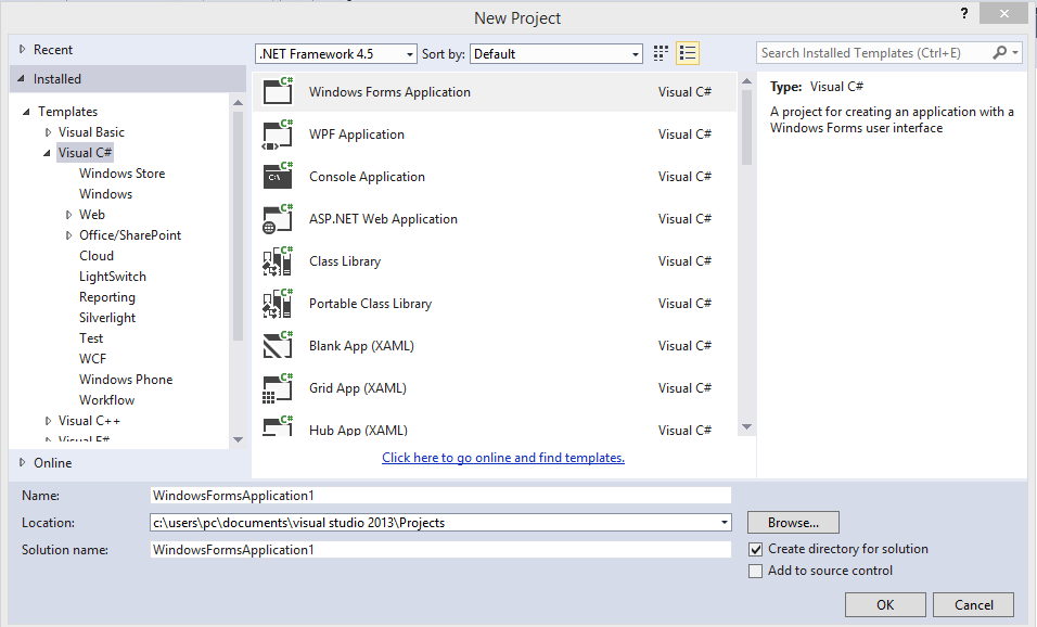 Visual Studio ile Form Yaratma Açılan New Project penceresinde soldaki Visual C#
