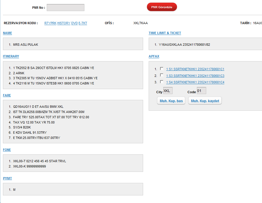 Rezervasyon değiģikliği yapılacak veya biletlenecek yolcunun PNR ı ekrana gelir. Bölme iģlemi böylece tamamlanmıģ olur.