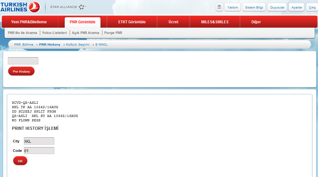 3.2.7 PNR HISTORY PNR a yapılan iģlemler ve değiģiklikler, otomatik olarak PNR ın History bölümüne kaydedilir.
