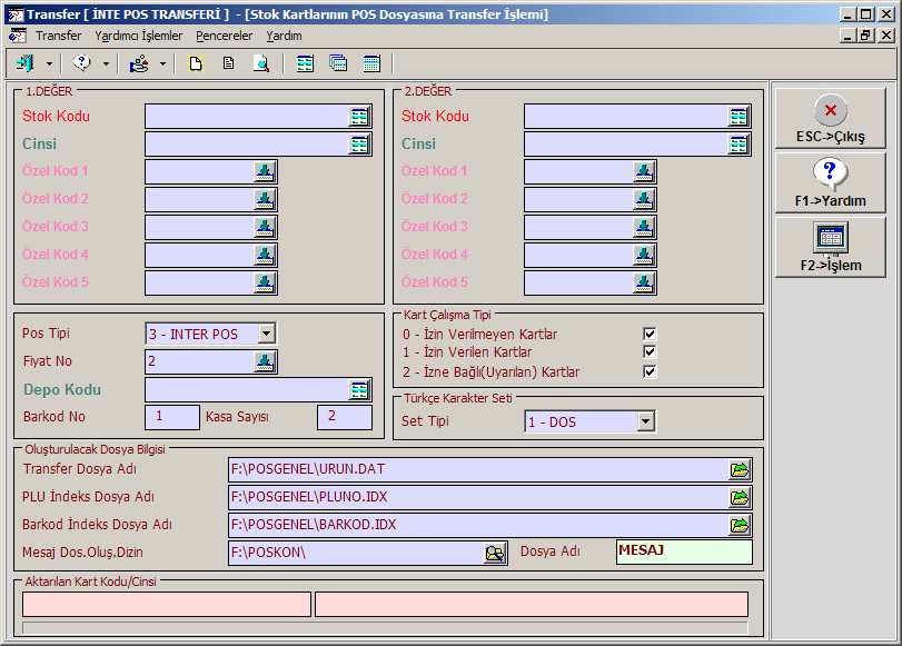 Pos Tipi : 3 - Đnter Pos seçilir. Fiyat No : Stok kartı fiyat bilgilerinden fiyat seçilir. Depo Kodu : Boş bırakılır. Barkod No : Stok kartı/bağlantılar sekmesinde tanımlanan Barkod no yazılır.