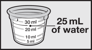 Küçük bir su bardağı kullanarak VOTUBIA çözelti dozunun hazırlanması 1. İlaç hazırlanmadan önce ellerinizi yıkayın ve kurulayın. 25 ml su 2. 30 ml doz kabına yaklaşık 25 ml su ekleyin.