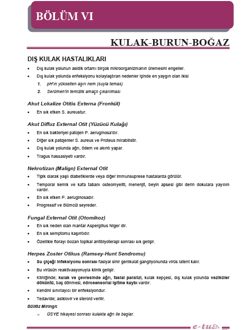 79.Tek taraflı otalji ve periferik fasiyal paralizi ile başvuran hastanın yapılan fizik muayenesinde ipsilateral kulak kepçesinde veziküler lezyonlar izleniyor.