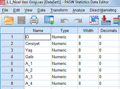 SPSS e Veri Girişi: Variable View Ekranı Name: Değişkenin ismi (Data View de sütun