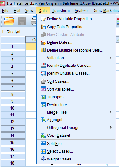 SPSS Veri Düzenleme (Data) Komutları Select Cases: Veri dosyasındaki verilerin sadece belli şartları taşıyanları seçmeyi sağlar.