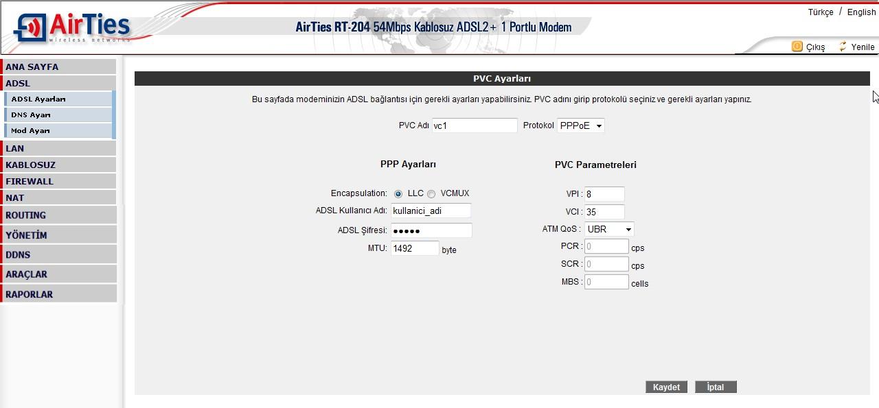 4.Adım Açılan PPPoA Bağlantı Ayarları başlıklı ekranda PVC ayarları alanında VPI değeri olarak 8, VCI değeri olarak da 35 girilmiş haldedir (bunlar Türk Telekom değerleridir,