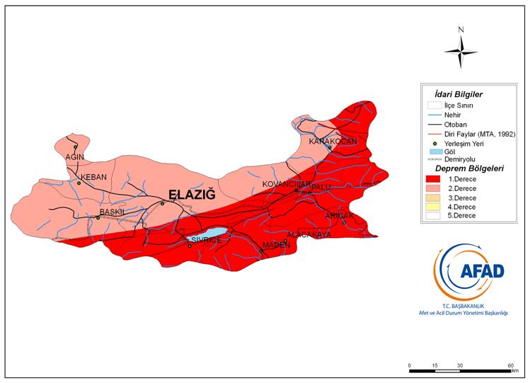 Elazığ ili 2. derecede tehlikeli deprem bölgesindedir.depremin meydana geldiği Maden ilçesi ise Deprem Bölgeleri Haritası nda 1. derece deprem bölgesi olarak değerlendirilmiģtir. (ġekil 3.2 ).