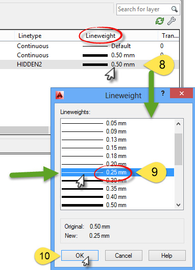 tıklayıp menülerden çıkalım. Bu aşamalardan sonra çizgi tipini değiştirmelisiniz. Bunun için LineWeight opsiyonunda çizgi kalınlığının üzerine tıklayın ve açılan menuden aşağıya doğru inerek 0.