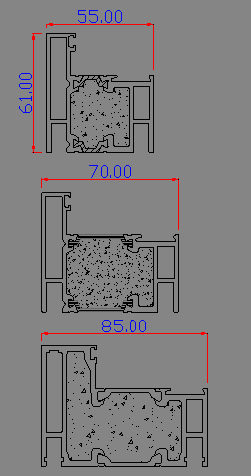 AF 55 sistem EW 30, EI 30 sınıfı Alüminyum Kasa İçinde Camlama AF 70 sistem EW 60, EI 60 sınıfı AF 85