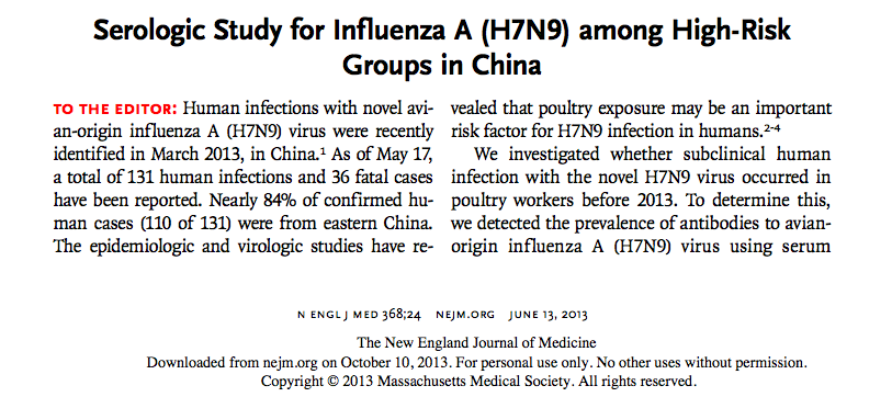2013 öncesi alınmış olan kan örnekleri H7N9 infeksiyonu bulgusu saptanmamış Doğu Çin, 1544 kişi