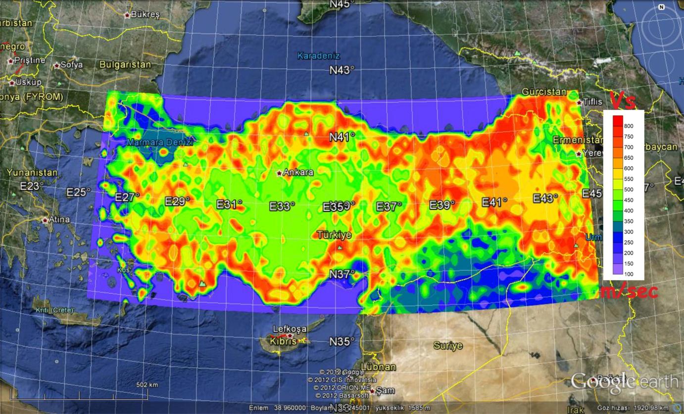 Şekil 1.c. Türkiye 30 m Ortalama S-Dalga Hızı Dağılım Haritası (www.usgs.