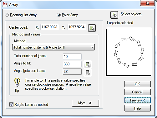 42 Açısal Çoğaltma (Polar Array) Command: ar Komut girildikten sonra açılan pencerede polar array seçili olmalıdır. Select Object ile kopyalanacak olan nesne seçilir.