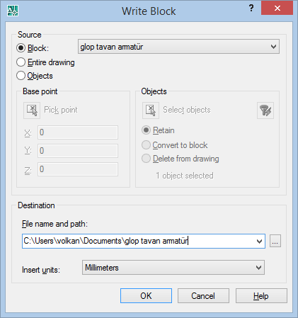 71 Komut yazıldıktan sonra ekrana gelen diyalog kutusunda Source diske kaydedilecek olan nesneler belirlenir. Block çizimdeki bir bloğu diske kaydeder.
