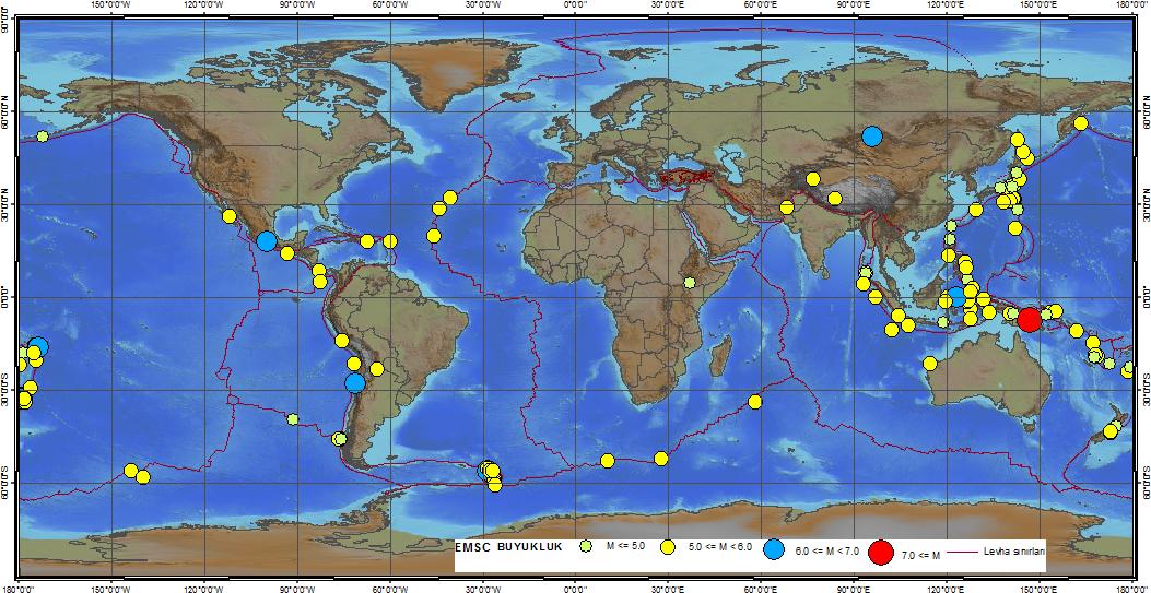 0 olan depremler (EMSC) ZAMAN (UTC) ENLEM N/S BOYLAM E/W DERINLIK (km) BUYUKLUK YER 07/12/2011 22:23:07 27.86 S 71.04 W 2 6.1 ATACAMA, CHILE 11/12/2011 01:47:26 18.07 N 99.78 W 61 6.