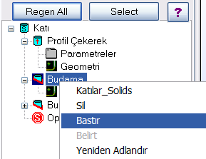 1. Katılar_Solid: Üst Menüdeki Katı menüsü komutlarına ulaģılır. 2. Sil: Seçilen katıyı siler. 3. Bastır: Seçilen operasyonu iptal ederek katıya uygun yeni birleģtirmeler yapar. 4.