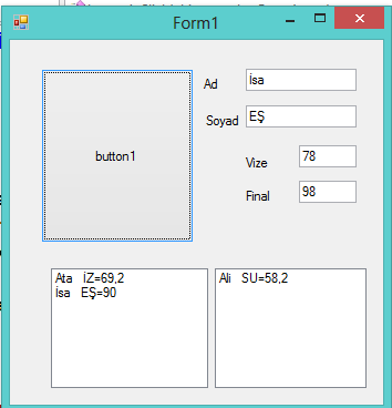 string Ad, Soyad; Ad = textbox1.text; Soyad = textbox2.text; if (radiobutton1.checked == true) listbox1.items.add(ad + " " + Soyad); else if (radiobutton2.checked == true) listbox2.items.add(ad + " " + Soyad); string Ad, Soyad; Ad = textbox1.