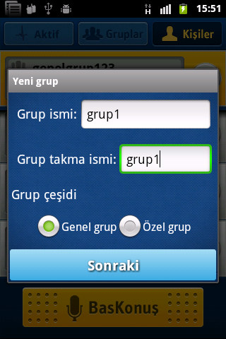 Genel grup yaratma: Cihazın menü tuşuna tıklanarak Yeni grup