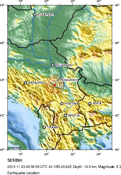 Şekil 21. 2010 Kasım ayı içerisinde dünyada meydana gelen M>=5,0 olan depremlerin dağılımı 03 KASIM 2010 SIRBİSTAN DEPREMİ (Mb:5.3) 03 Kasım 2010 tarihinde saat 00:56 (UTC) da 5.