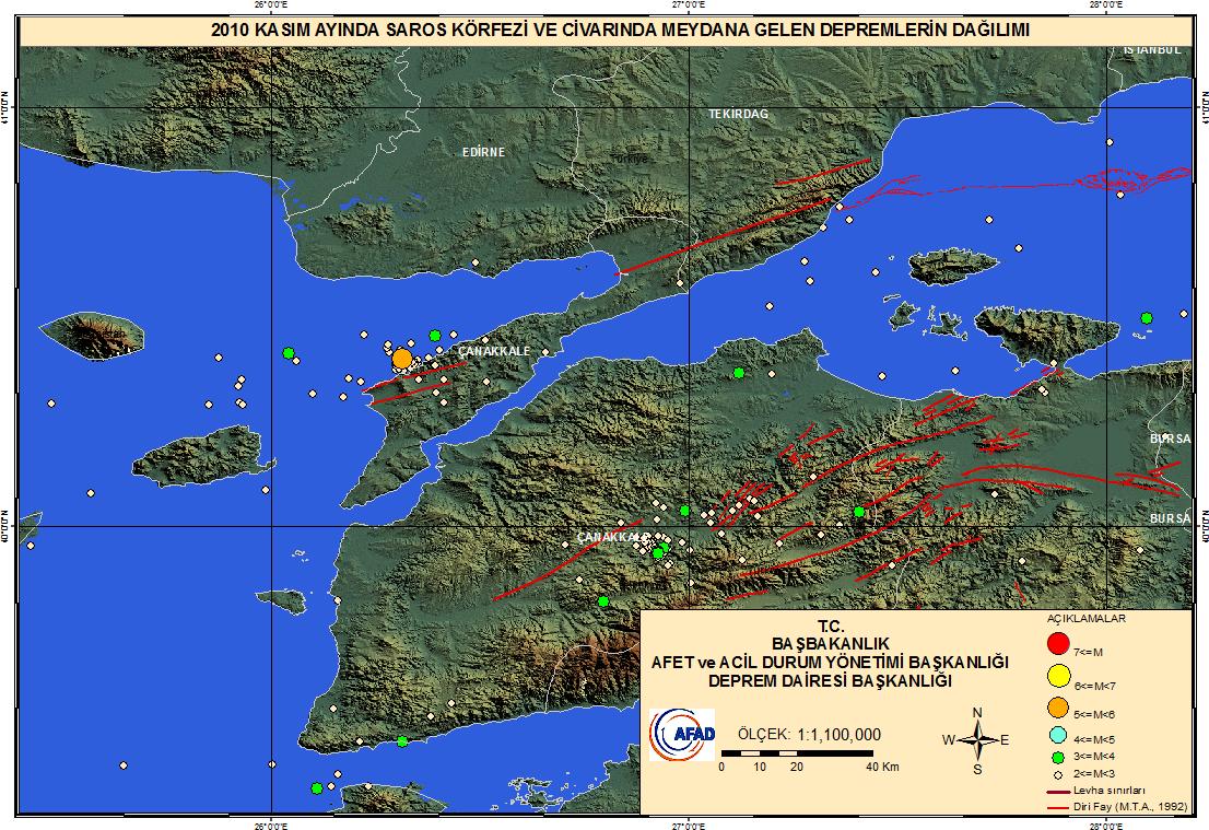 Tablo 1. 2010 Kasım ayında Türkiye de meydana gelen M>=4.0 olan depremler Zaman Enlem (K) Boylam (D) Büyüklük Yer 03/11/2010 02:51 40.3997 26.3147 5.3 SAROS KORFEZI 04/11/2010 13:11 36.304 28.313 4.