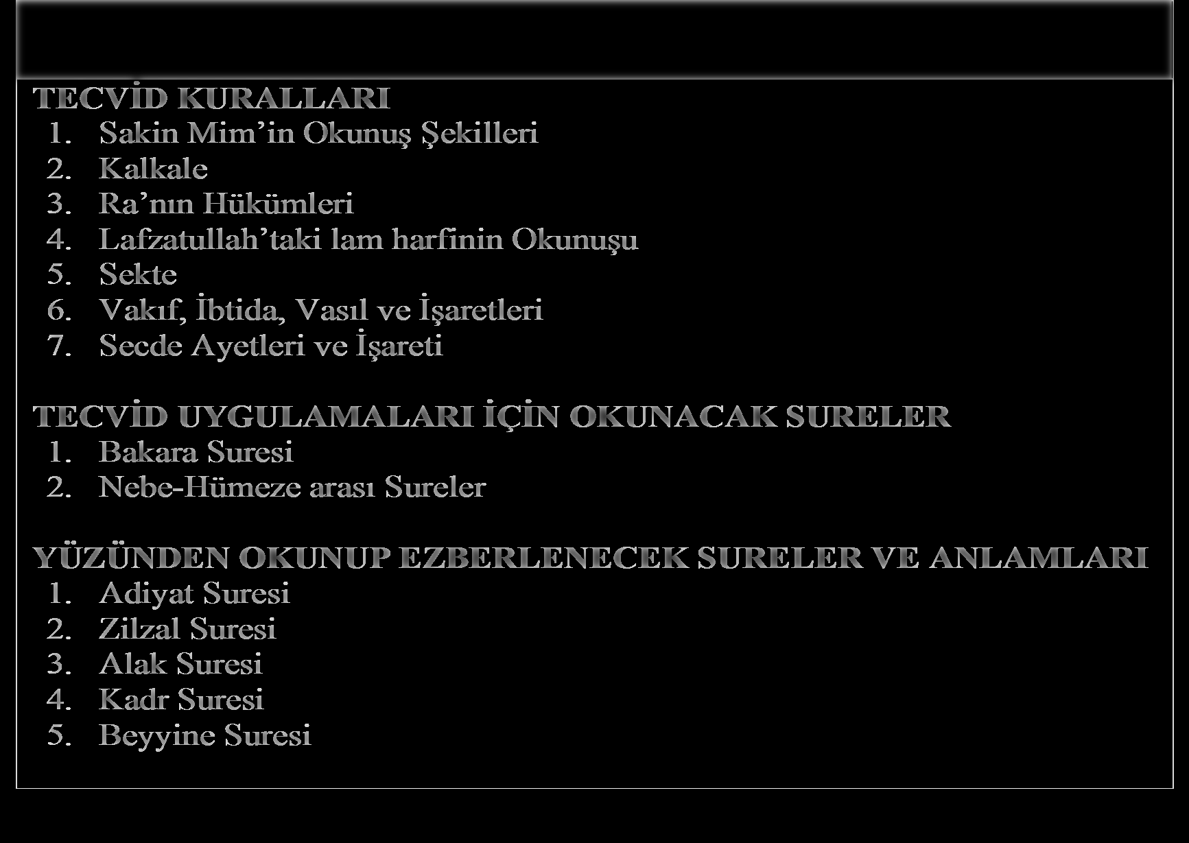 KUR AN-I KERİM ÖĞRENME ALANI (Haftada 24 saat X 4 Hafta= 98 saat) TECVİD KURALLARI 1. Sakin Mim in Okunuş Şekilleri 2. Kalkale 3. Ra nın Hükümleri 4. Lafzatullah taki lam harfinin Okunuşu 5. Sekte 6.