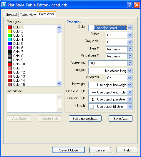 ġekil 2.46: Kademeli mil (renkli) ġekil 2.47: Plot style table editör Acad.ctb seçildikten sonra Edit (düzenleme) butonuna basılarak yukarıdaki iletiģim penceresi ekrana getirilir.