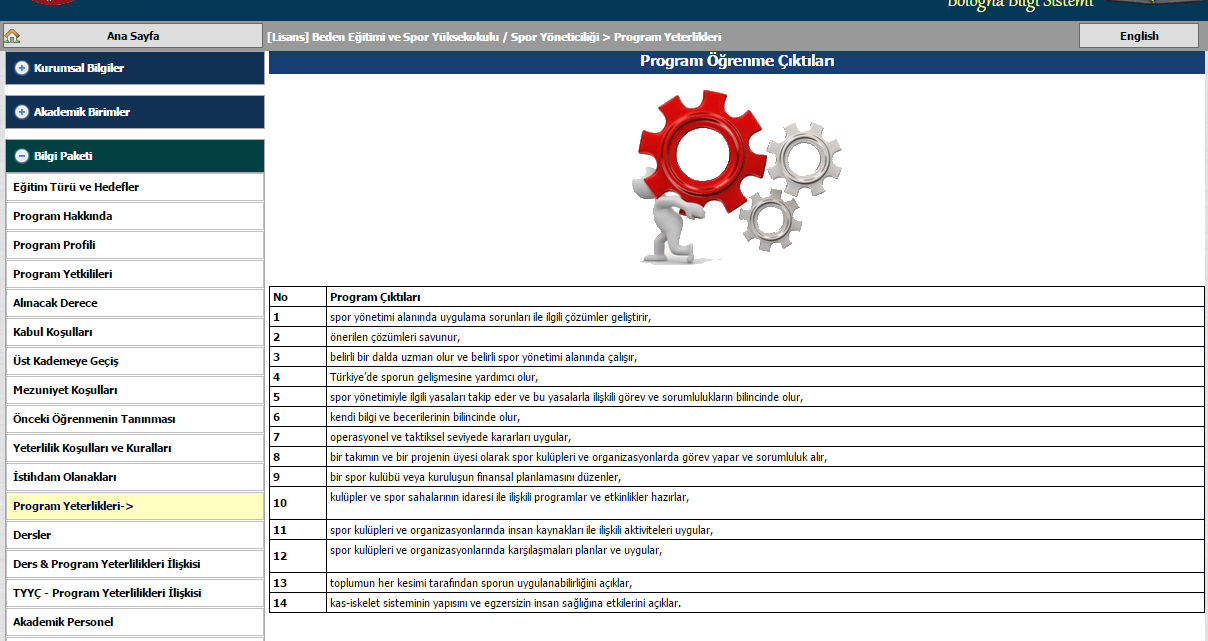 Program yeterlilik bilgileri Bologna İşlemleri menüsünde yer alan