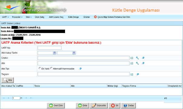 2.4.1. Gelen UATF: Tesislerin UATFgirişleri UATF menüsü altındaki Gelen UATF arayüzünden yapılmaktadır.