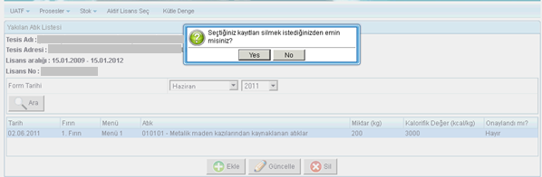 Şekil 48 Yakılan Hammadde Ekleme/Düzenleme Ekranı-Sil 2.6.