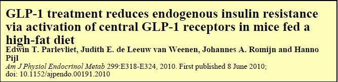Yüksek yağla beslenen insülin-rezistan C57Bl/6 fareler Sürekli sc GLP-1 veya salin infüzyonu/2 hf Aynı zamanda sol lateral ventriküle GLP-1R antagonisti exendin-9 ve BOS infüzyonu Hiperinsülinemik
