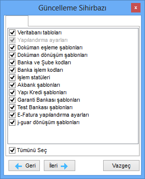 Veritabanı Tabloları : Yeni yüklenen sürümde değişen tabloları bulur ve databesi günceller Çalışma alanı parametrelerini güncelle: Bu işlem zorunludur. Her güncellemede yapılır. LDXServer a bağlanır.