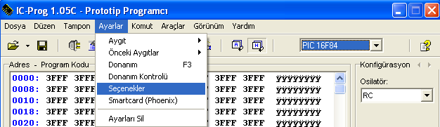 Şekil 4.4: Yazılımın Türkçeleştirilmesi 4.2.2. Pıc Türünün Seçilmesi Şekil 4.5. Yazılımın Türkçe olmuş hâli Bu yazılım ve yazıcı devremiz ile birçok PIC çeşidini rahatlıkla programlayabilmekteyiz.