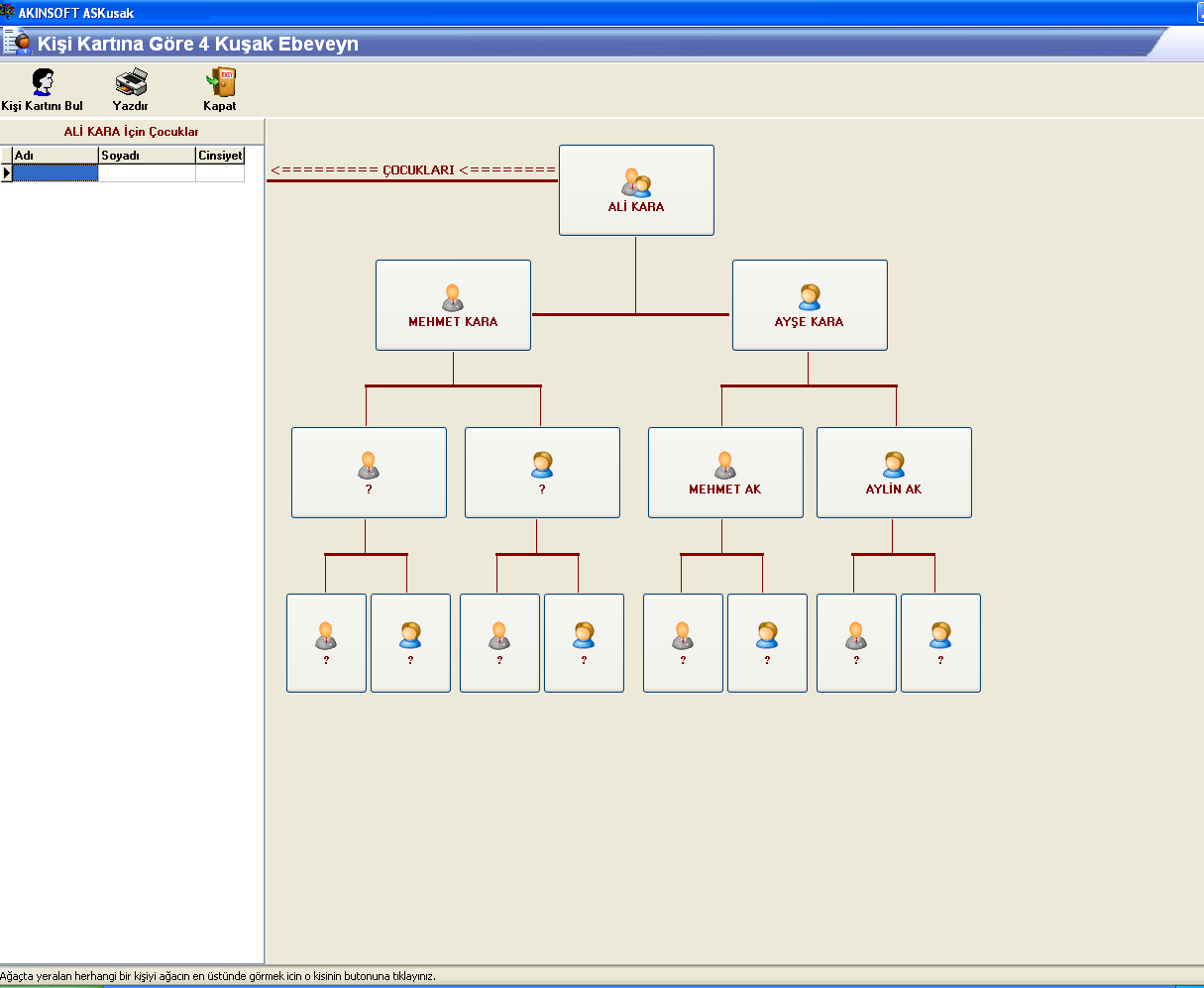 Bu bölümden, kişi kayıtlarını yaparken oluşturduğumuz akrabaları 4 kuşak ağacı olarak alabilirsiniz.