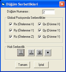 64 Şekil 4.17 Uygula menüsü 4.2.5.1 Düğüm 4.2.5.1.1. Serbestlikler Serbestlikler ekranı seçilen düğüm noktasının serbestlik derecelerinin belirlenmesini sağlar (Şekil 4.18) Şekil 4.