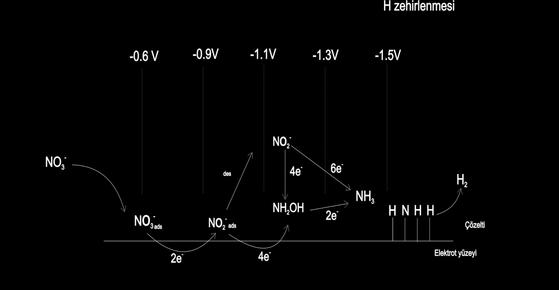2.2.1. Nitrat İyonunun Bazik Ortamda Elektrokimyasal İndirgenmesi Son elli yıldır, nitrat iyonunun elektrokimyasal indirgenmesi geniş ölçüde çalışılmaktadır.