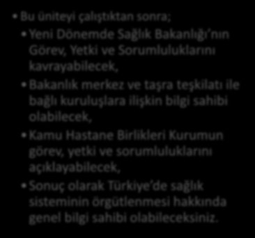 HEDEFLER İÇİNDEKİLER YENİ DÖNEMDE ÜLKEMİZDE SAĞLIK HİZMETLERİNİN ÖRGÜTLENMESİ Bakanlık Teşkilatı Sağlık Bakanı Sağlık Hizmetleri Genel Müdürlüğü Acil Sağlık Hizmetleri Genel Müdürlüğü Sağlığın