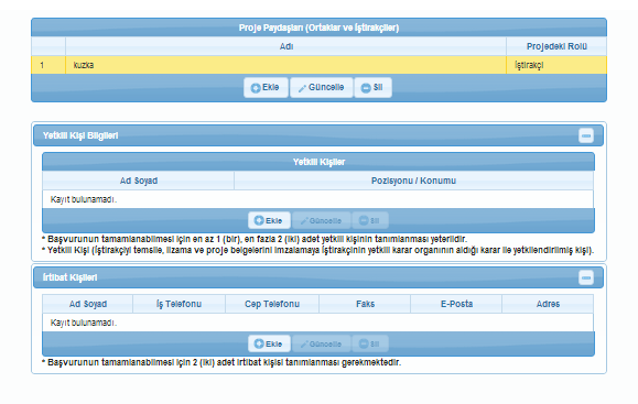 Ortaklar ve İştirakçiler Yetkili kişi belirlemek için «ekle» butonuna tıklanarak, açılan pencerede temsil ve ilzama yetkili kişinin adı-soyadı ve unvanı bilgileri girilmeli ve yine «ekle» butonuyla
