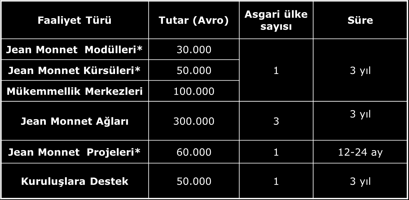 Jean Monnet Faaliyetlere genel bakış Toplam proje bütçesinden