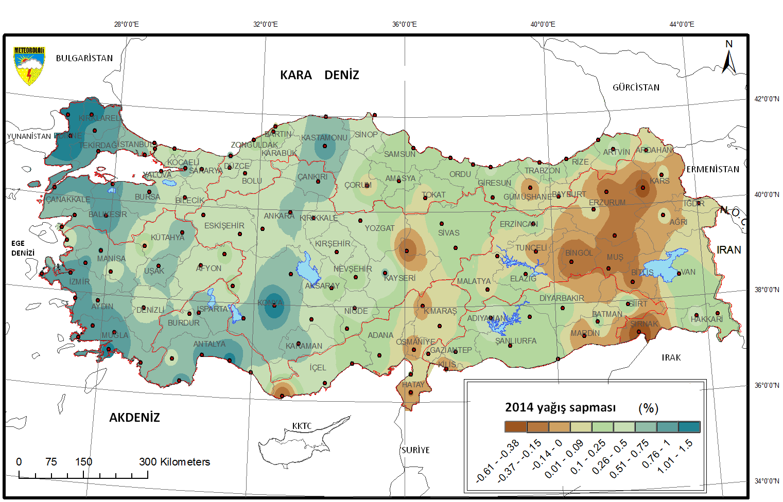 2.2. Yağış Değerlendirmesi Türkiye uzun yıllık yağış normali 646 mm dir. 2014 yağışı 697.3 mm ile normallerinin %8 üzerinde gerçekleşmiştir (URL1. Şekil 2.2.1. Türkiye yıllık yağış anomalisi. Şekil 2.2.2. Türkiye 2014 yılı yağış anomalisi.