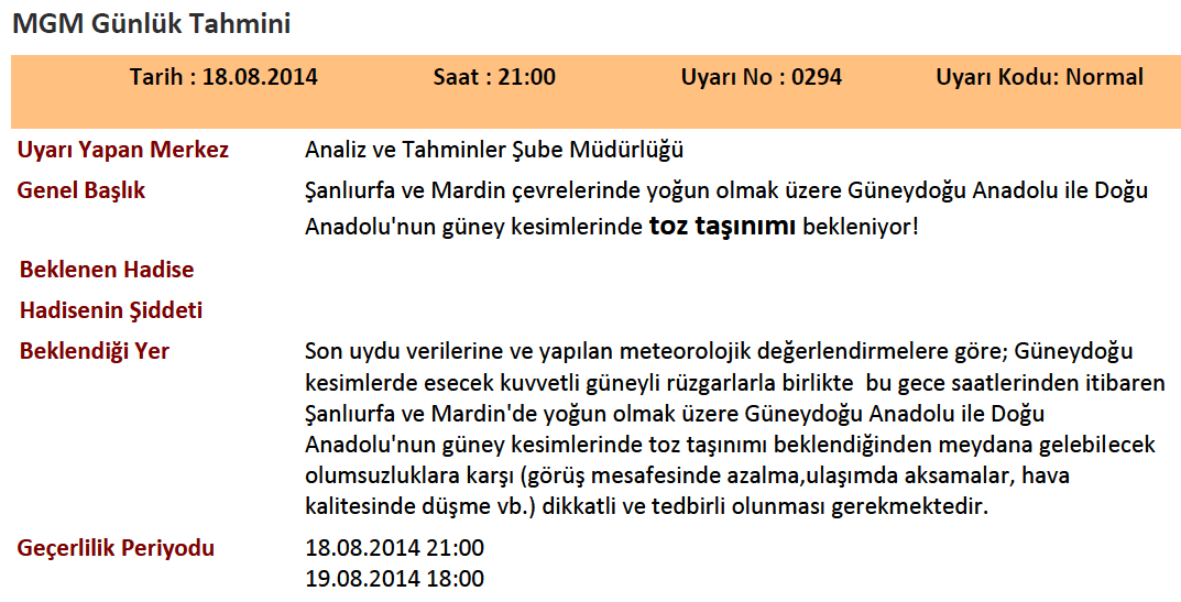 3.1. Kum ve Toz Fırtınası (URL 1) 19 Ağustos 2014 tarihinde Güney Doğu Anadolu Bölgesi nde, Orta Doğu kaynaklı toz taşınımı yaşanmıştır.