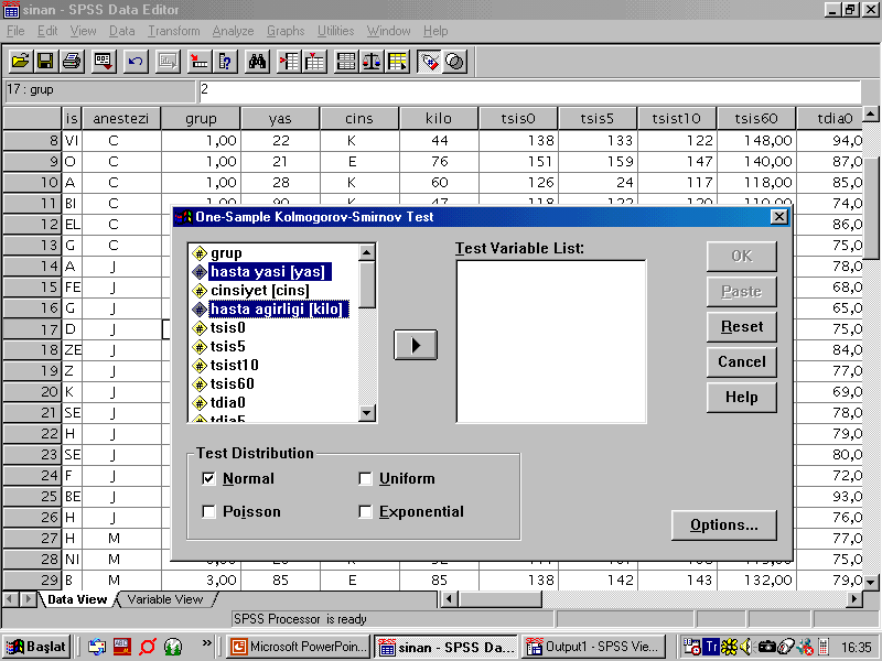 1-Normal dağılımını test etmek istediğimiz değişken (veya değişkenler) Test