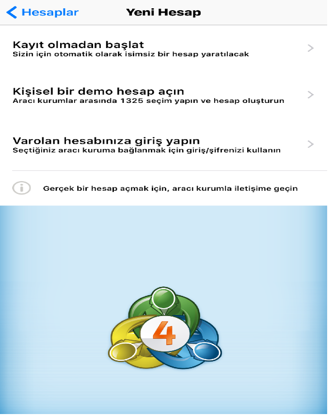 2.HESABA GİRİŞ İndirim işleminden sonra uygulama açılarak yeni bir demo hesabı için kişisel bir demo hesap