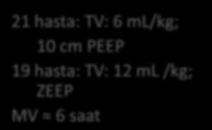 21 hasta: TV: 6 ml/kg; 10 cm PEEP 19 hasta: TV: 12 ml