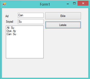 ArrayList Dizi = new ArrayList(); Dizi.Add(textBox1.Text); private void button2_click(object sender, EventArgs e) foreach (string Eleman in Dizi) listbox1.items.