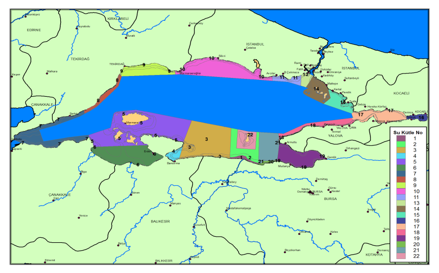 KIYI SU YÖNETİM BİRİMLERİ- HASSAS ALANLAR Marmara Denizi Su Kütleleri (Su Yönetim Birimleri) (TÜBİTAK MAM ÇTÜE, DeKoS Projesi 2014) Marmara Denizi Kıyılarına Ait Hassas/ Az Hassas Durumları