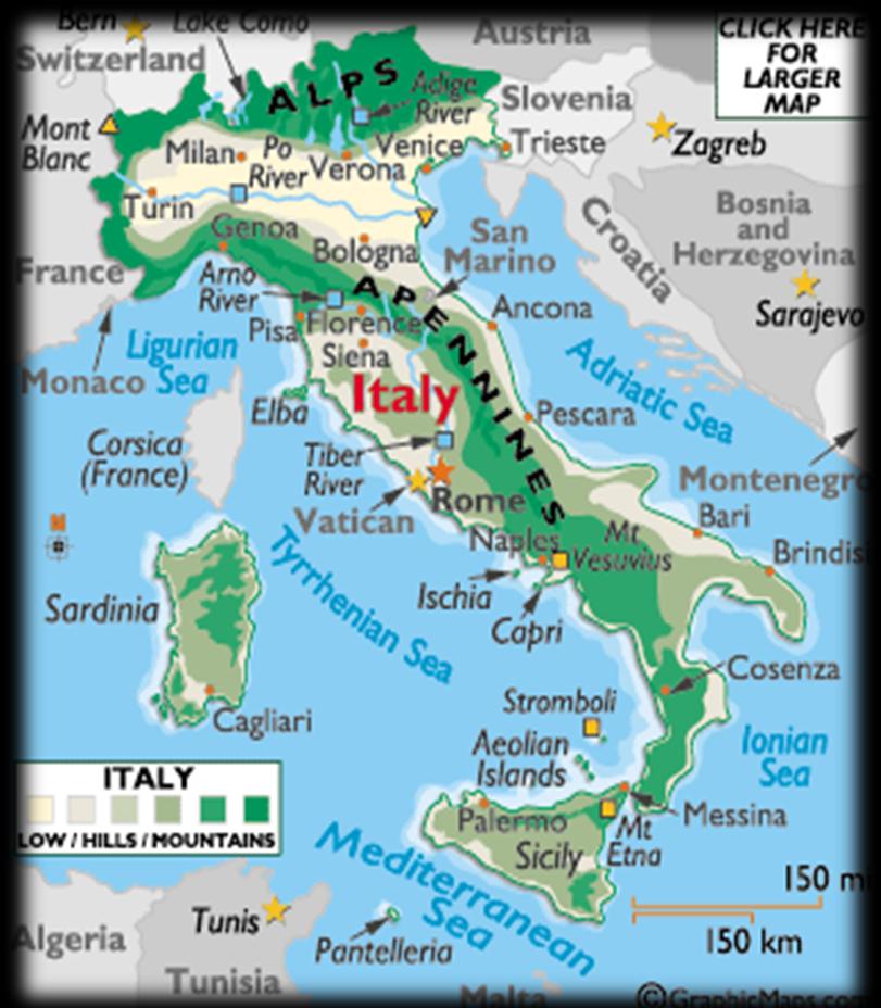 İtalya topraklarının büyük bir kısmı dağlar ve tepelerden oluşmaktadır. Jeolojik bakımdan ise İtalya oldukça gençtir.