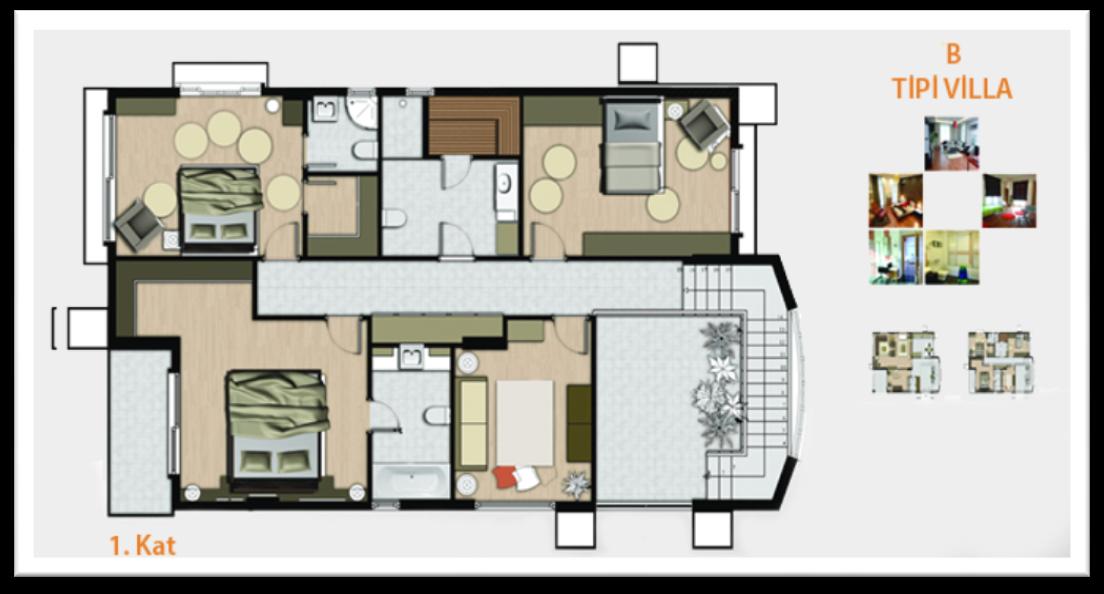 Zemin Kat Antre: 36,32m² Mutfak: 21,42 m² Salon: 55,11m² Çalışma Odası: 19,92m² Banyo: 4,8m² Teras: 13,28m² 1.