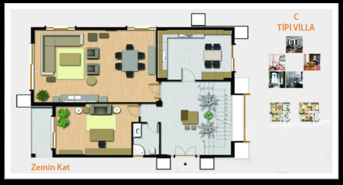 Zemin Kat Antre: 31,97m² Mutfak: 16,04 m² Salon: 48,83m² Çalışma Odası: 20,66m² Banyo: 4,3m² Teras: 5,85m² 1.