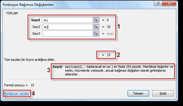 Excel formül girme ekranına ulaşarak da formüller oluşturulabilir. Örneğin herhangi bir hücrede tuşuna basarak aşağıdaki işlev girme menüsüne ulaşılabilir.