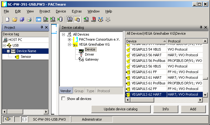 4 PACTware'li kumanda 2. "Cihaz" kategorisinden istenilen sensör DTM'ini seçin ve bunu proje penceresine taşıyın. 3.