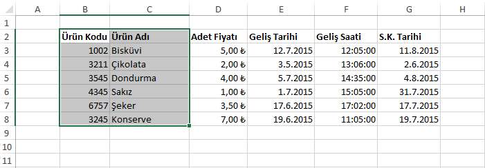 Bitişik hücreleri fare yardımıyla seçmek için farenizin sol tuşuyla seçeceğiniz hücrelerin ilkine tıklar ve bırakmadan seçeceğiniz hücrelerin sonuncusuna kadar sürüklersiniz.