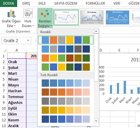 Resim 3.17: Grafik ögesi ekleme Renkleri Değiştir açılır listesi ile grafikler için oluşturulmuş renk paletlerini seçebilirsiniz.